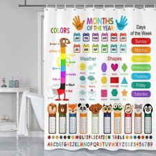 Funny Kids Shower Curtain, ABC Educational Restroom Curtain with Vehicle Smat...