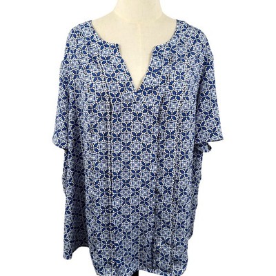 Liz Claiborne Womens 3X Blouse Blue Mosaic Split Neck SS Boho Coastal Artsy EUC
