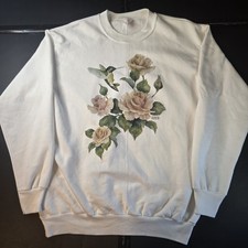 Vintage Made In USA Hummingbird/Roses Flowers White Sweatshirt Women's Size XL