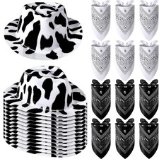 Haysandy 24 Pcs Cow Print Cowgirl Cowboy Hats Bulk with Bandana Felt Cow Part...
