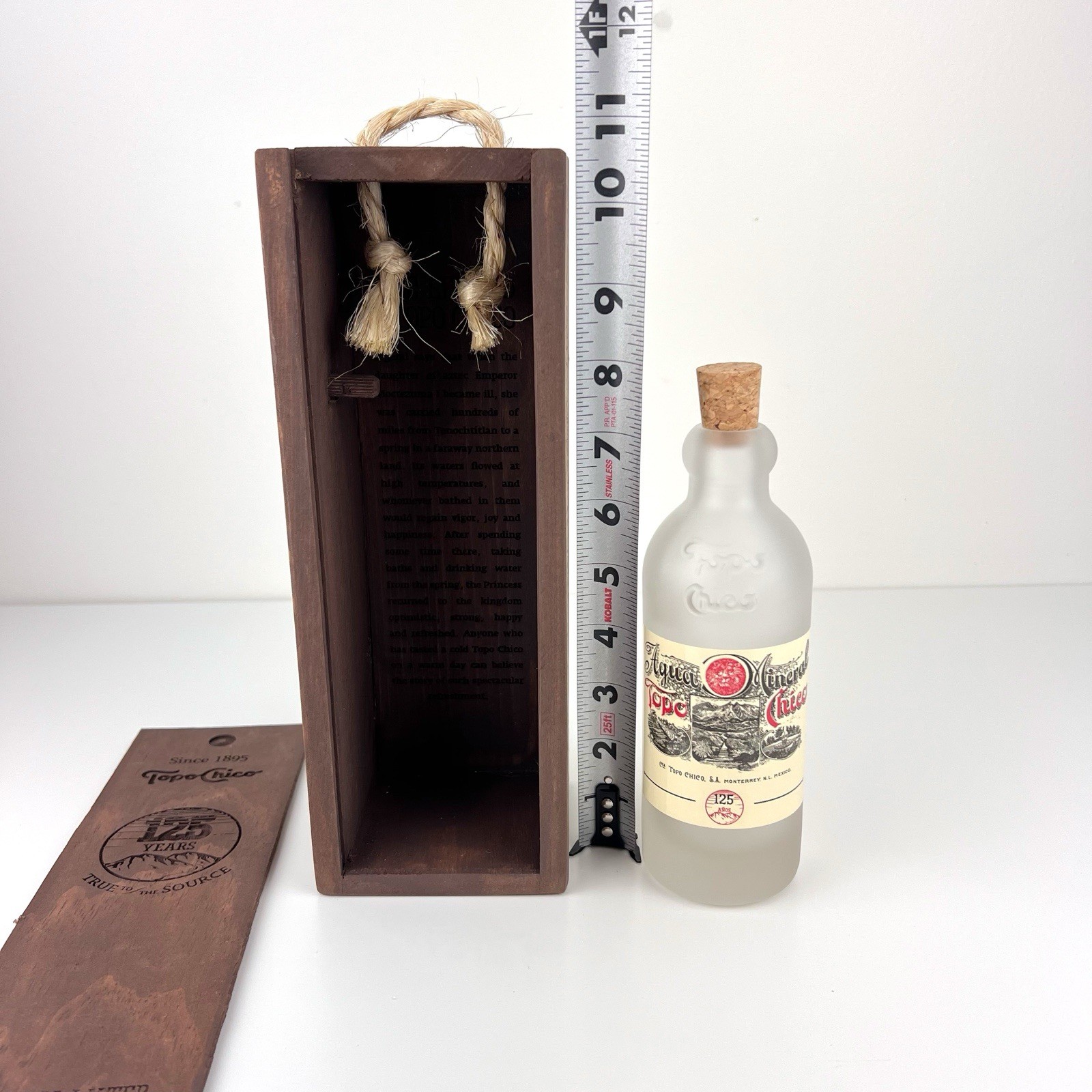 Collectible Topo Chico 125th Anniversary Glass Bottle Engraved Wood Box