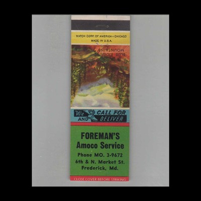 Matchbook Cover Amoco Gas Station Foreman's Amoco Service Frederick, MD