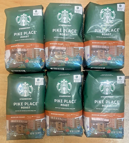 Starbucks Pike Place Whole Bean Medium Roast Coffee 6 Bags with 12 Oz Each