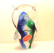 5" Vintage 1970s Modern Murano Art Glass Owl Blue Green Sommerso Figurine Italy