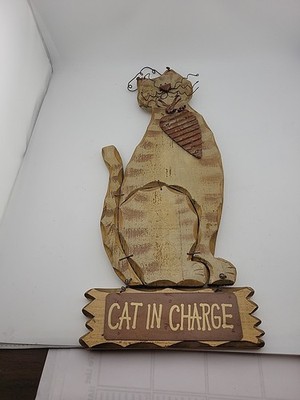 ''Cat In Charge'' Wooden Sign  Handmade Handpainted 19''x8'' Cat Lovers Adorable!