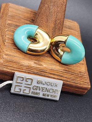 BIJOUX GIVENCHY 1979 Gripoix Turquoise & Gold Oval Clip Earrings Vintage w tags