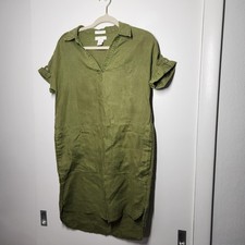 Halston Dress Small Green 100% Linen Short Sleeve Shirt Style Collared Pockets
