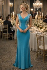 Tony Bowls Paris Turquoise Beaded Open Back Formal Evening Gown Dress Size 4 NWT