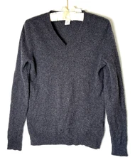 Rachel Zoe 100% 2 Ply Cashmere Sweater M V Neck Pullover Charcoal Gray