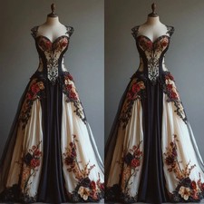 Vintage Gothic Black and Champagne Wedding Dresses 3D Flowers Bridal Gowns