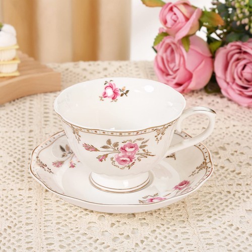 7.4oz Floral Porcelain Tea Cup and Saucer Set, Light Pink Coffee Cup with Gol... - Picture 2 of 4