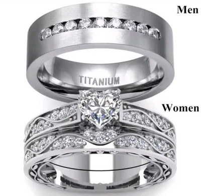 Silver Zirconia Engagement Ring Set for Men & Women Couple Wedding Band Gift