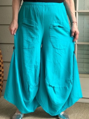 LAGENLOOK ARTSY BOHO PUNK  BUBBLE HAREM TURQUOISE COTTON GAUZE PANTS ONE SIZE
