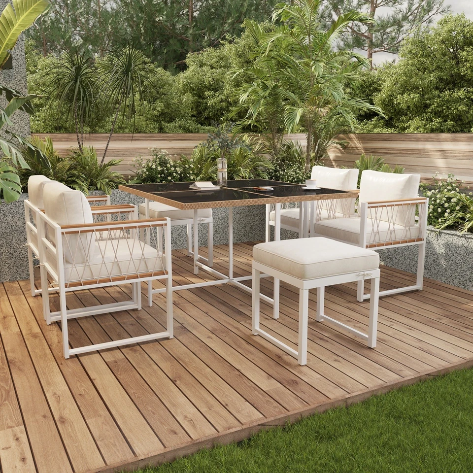 Sitzgruppe 7-teilig Essgruppe Tisch mit 6 Stühle Weiß Terrasse Gartenmöbel Set - Bild 2 von 4