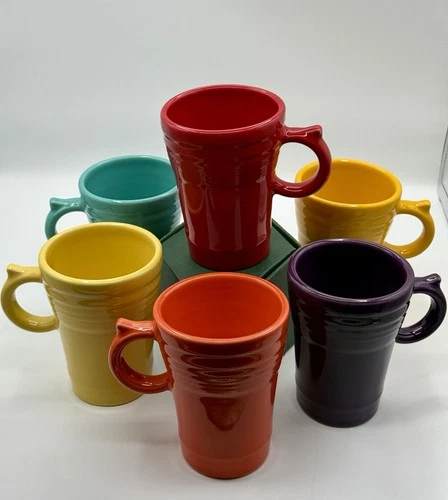 Fiestaware 6 Large Latte Coffee Mug Thumb Handle Turquoise Yellow Red Orange SET