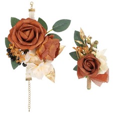 Orange Wedding Corsage Boutonniere Set Rose Wristlet Men Women Prom 2 PCS