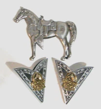 Sterling Silver Horse Pin and Set of Silvertone  Collar Tabs