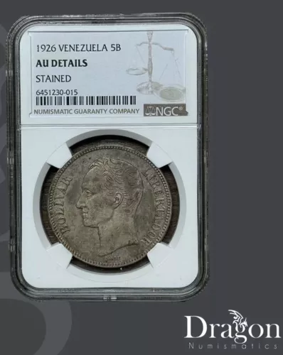 1926 VENEZUELA 5 BOLÍVARES SILVER COIN AU DETAILS 0.900 Silver NGC 🇻🇪🐉