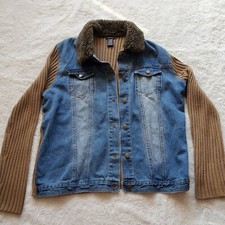 Vtg North Crest Jean Jacket Tan Sweater Fur Trim Button Collar Y2k Womens Large