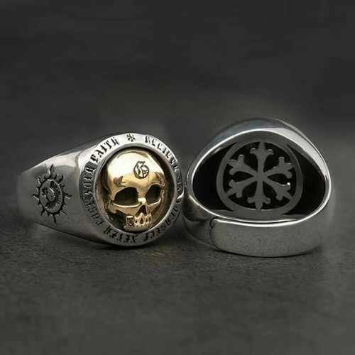 New Vintage Men Two Tone Silver Skull Ring Cool Gothic Punk Jewelry GIFT - Picture 4 of 6