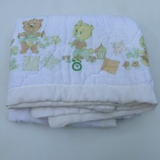 Vintage Handmade Baby Blanket Quilted 46 x 33" White Bear Bunny Dog READ