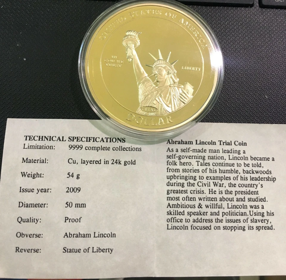 ABRAHAM LINCOLN DOLLAR TRIAL COIN PROOF AMERICAN MINT ORIGINAL RETAIL $99.95 - Image 3 of 4