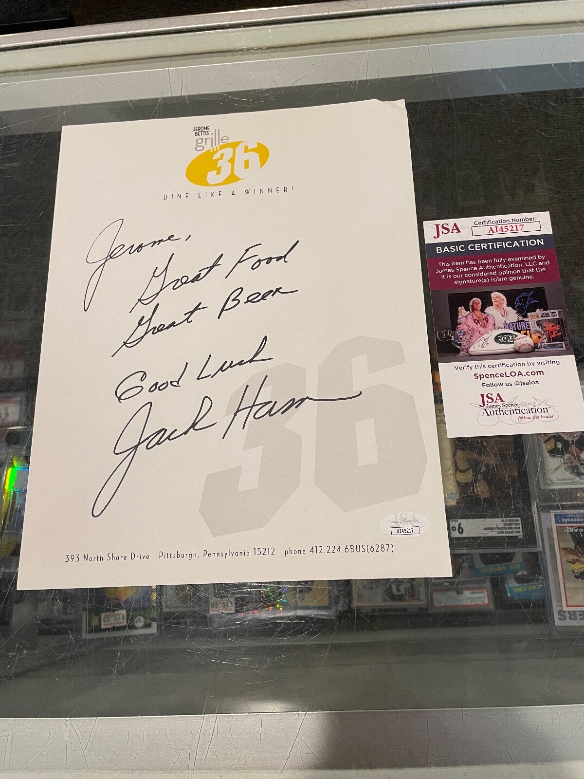 JACK HAM STEELERS SIGNED TO JEROME BETTIS GRILLE 8.5 X 11 STATIONERY JSA 