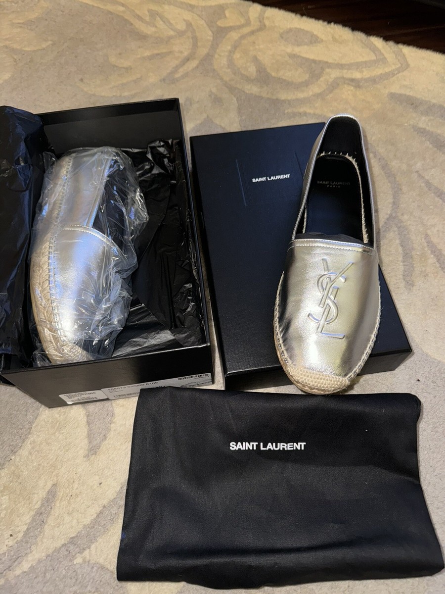 【関税&送料込み】Saint Laurent Leather Women Shoes Espadr New SAINT LAURENT YSL Logo Metallic Leather Espadrilles. Sz