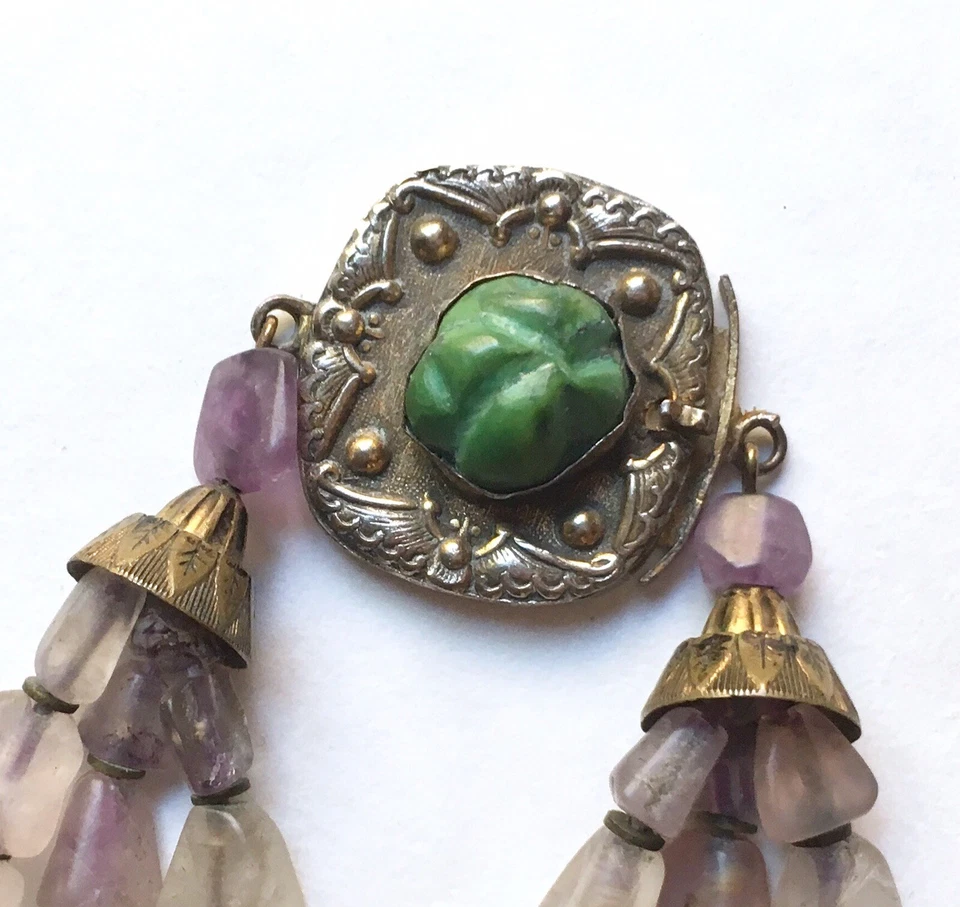 Colar antigo chinês de contas de ametista e quartzo rosa exportação com fecho turquesa - Imagem 3 de 4