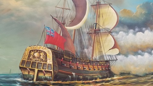 Handmade Old Clipper Boats Battle at Sea Oil Painting - Picture 3 of 12