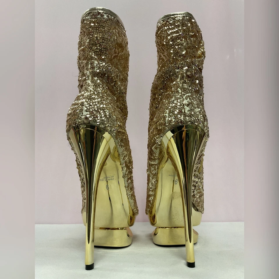 Botín de tacón alto con plataforma de lentejuelas doradas punta abierta talla 7 Foto 4 de 4