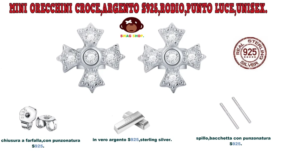 Orecchini Argento S925 Rodio Croce Unisex Punto Luce mini Silver Earrings Goth - Immagine 2 di 4