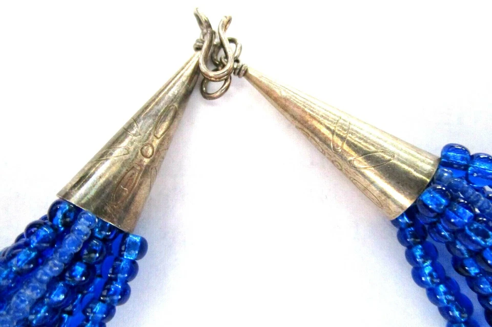 Sterling Silver 925 Blue Glass Turquoise & Lapis 9 Strand Necklace - Image 3 of 3