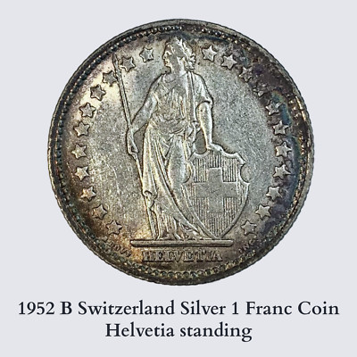 1952 B Switzerland Silver 1 Franc Coin Helvetia standing-Swiss