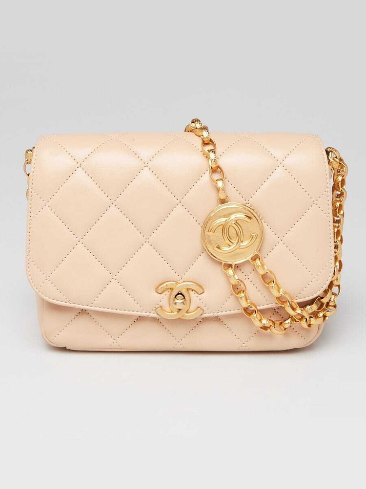 Chanel Beige Quilted Lambskin Leather Small CC Coin Flap Bag