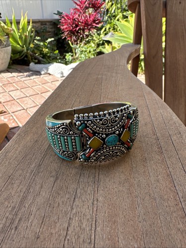 Tibet Nepalese Cuff Bangle Cuff With Turquoise Coral And Lapis Lazuli Stone - Picture 14 of 14