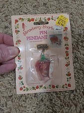 Vintage Strawberry Shortcake Pin Pendant with Necklace 1982 Hong Kong On Card