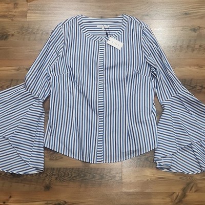 NEW Milly Ruthie Bell Sleeve Stripe Stretch Rich Money Blouse Coastal Luxury 14
