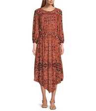 Clearance Plus 1X Nurture Spice Scarf Print 3/4 Sleeve Pointed Hem Midi Multi