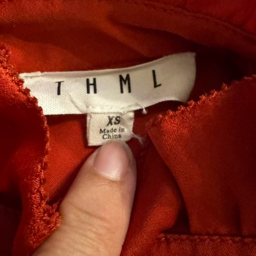 Camicetta THML donna X-Small rosso arancione raso manica corta a sbuffo collo alto nonna - Foto 2 di 8