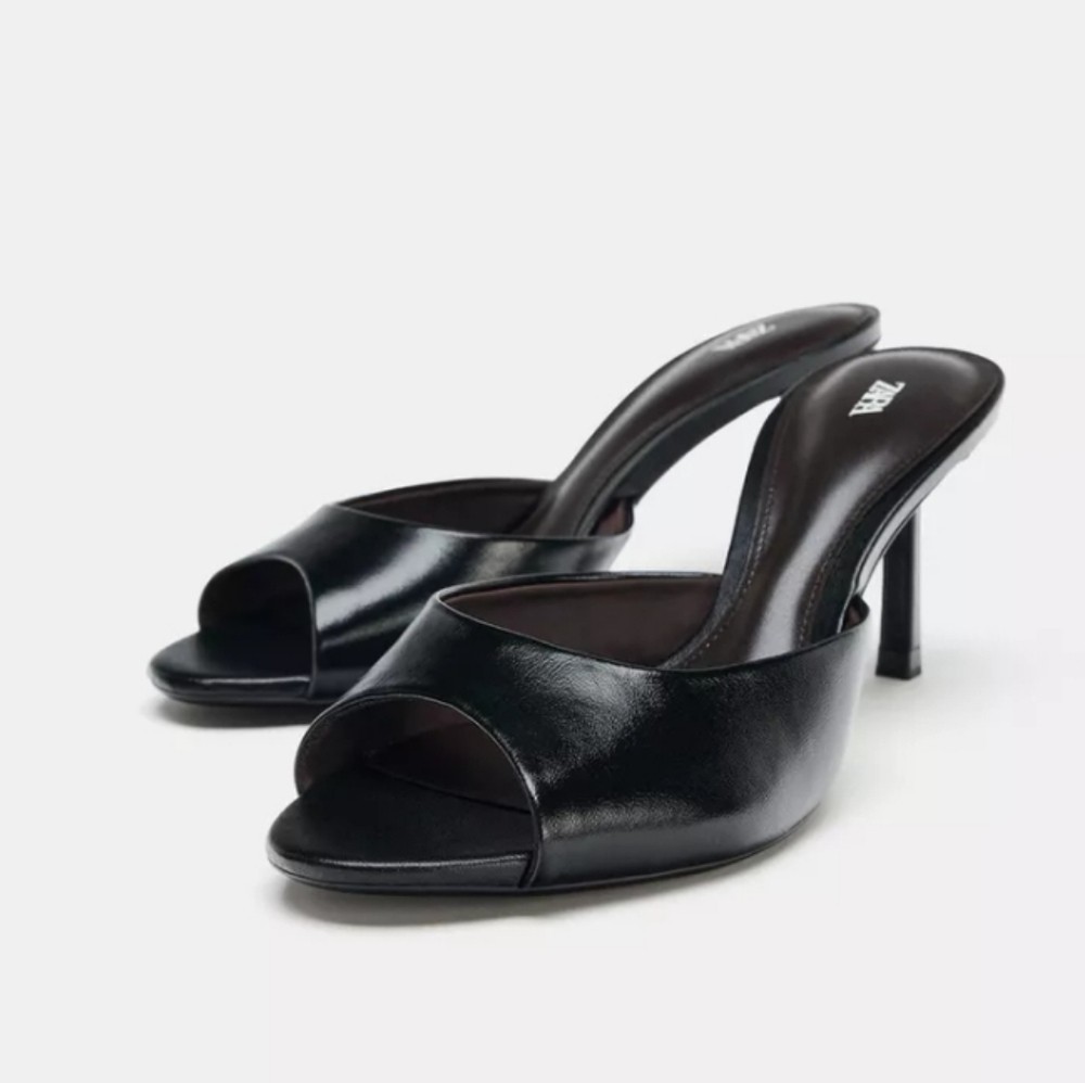ZARA NEW Women's Heeled Sandals Black Matte Open Toe Pull On Size 38