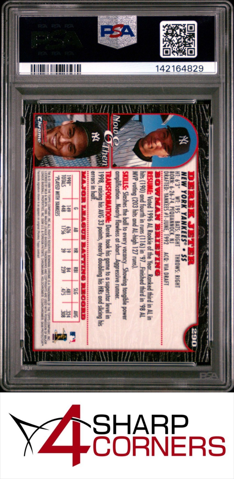 1999 BOWMAN CHROME #290 DEREK JETER YANKEES HOF PSA 10 view 2