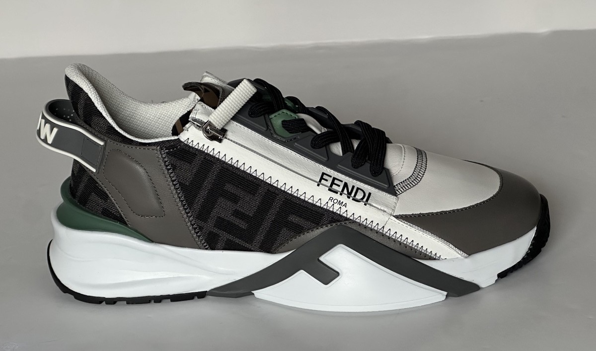 スニーカー FENDI Men Sneakers Green 7E1392AQ6D F1R78 Fendi Flow Leather/Fabric Sneakers Gray/Green 8 US (7 Fendi