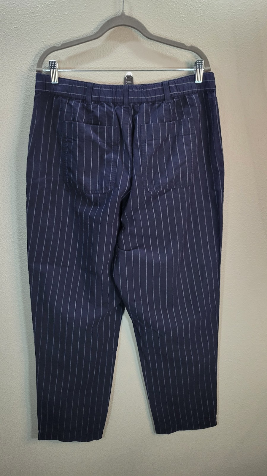 UNIQLO Navy Pinstripe Linen Blend Cropped Pants XL 32-33 Elastic Waist thumbnail 3