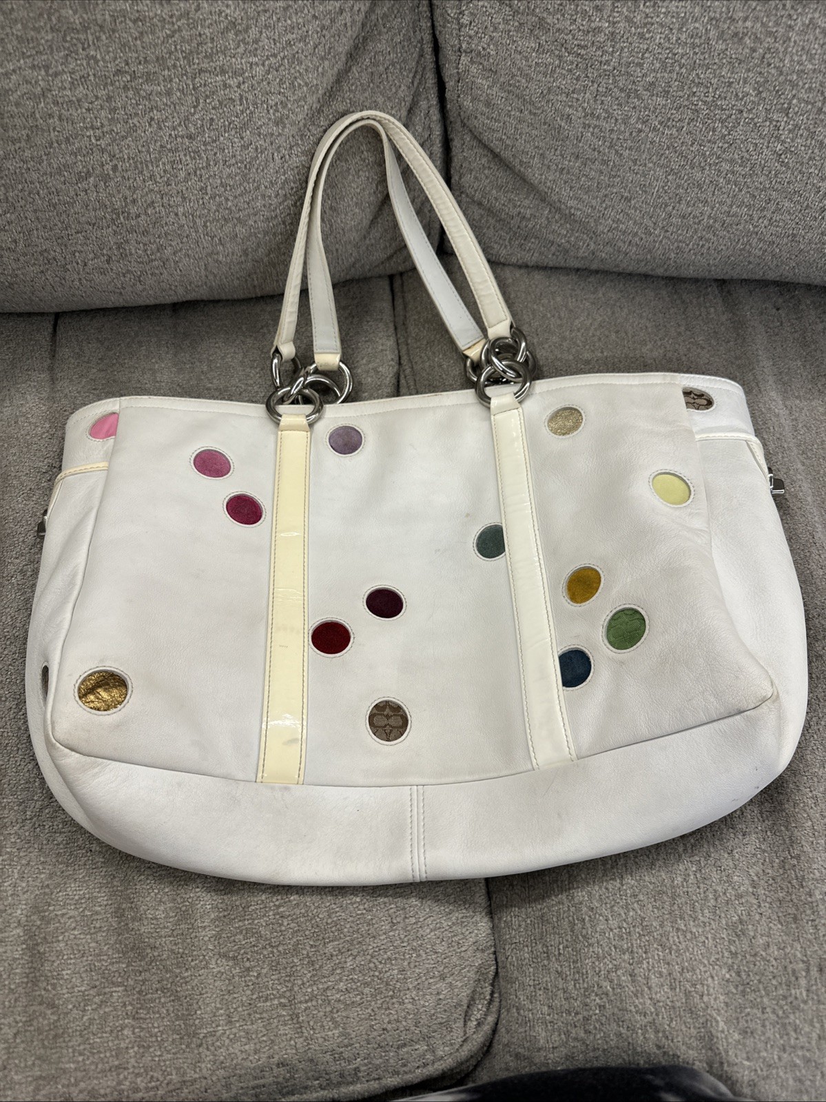 COACH 3678 Dot Gallery Tote Bag Ivory Multicolor Patent Leather Logo thumbnail 7