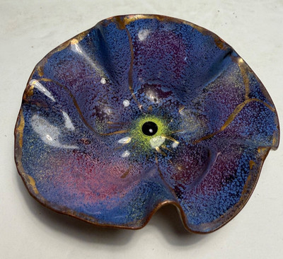Vintage French Enamel over Copper Small Ruffled Flower Jewelry Dish Signed 3.75''