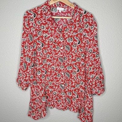 J.Jill Red Floral Print Blouse M Boho Cottagecore Cabincore Softcore Artsy Top