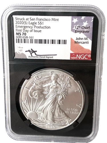 2020(S) SILVER EAGLE SF MINT EMERGENCY PRODUCTION FDOI NGC MS70 JOHN MERCANTI