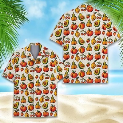 Peach Pear Avocado Hawaiian Shirt, Fruit Lovers Summer Beach Shirt
