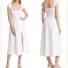 Reformation Tavi White Linen Midi Dress Short Sleeve Smocked Bodice Size Large